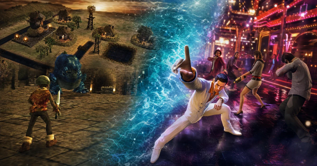 Dark Cloud's fantasy village and dungeon blending into a neon Like a Dragon street battle