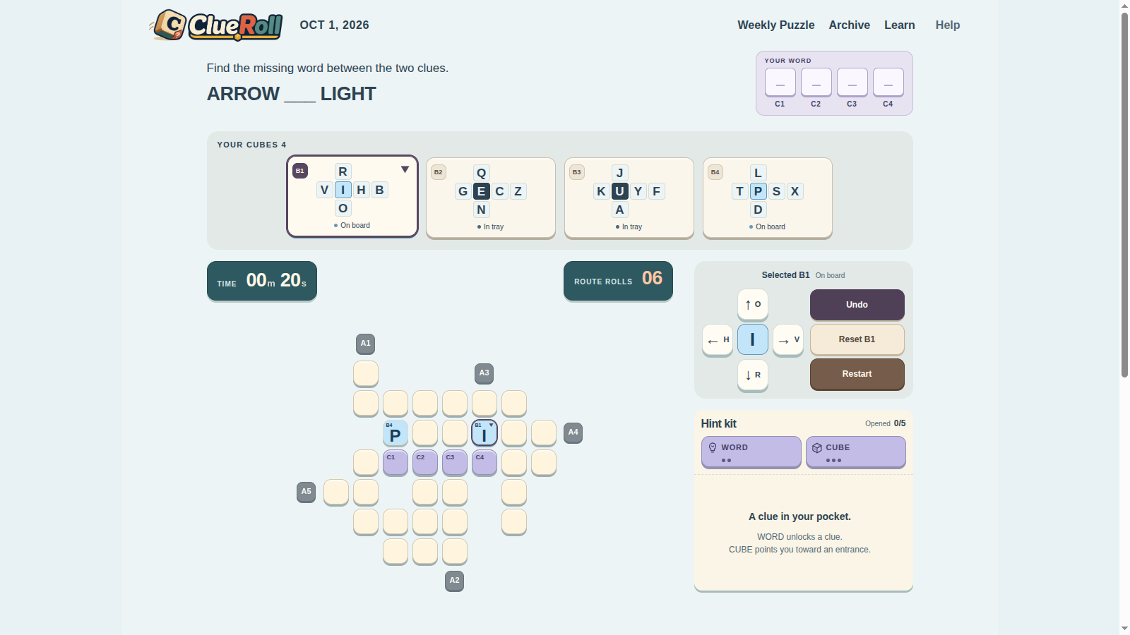 ClueRoll daily puzzle with two letter cubes rolled onto the board