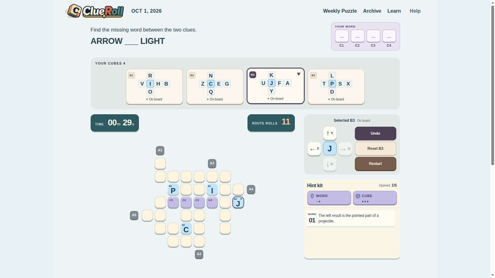 ClueRoll board with four cubes placed and a word hint revealed