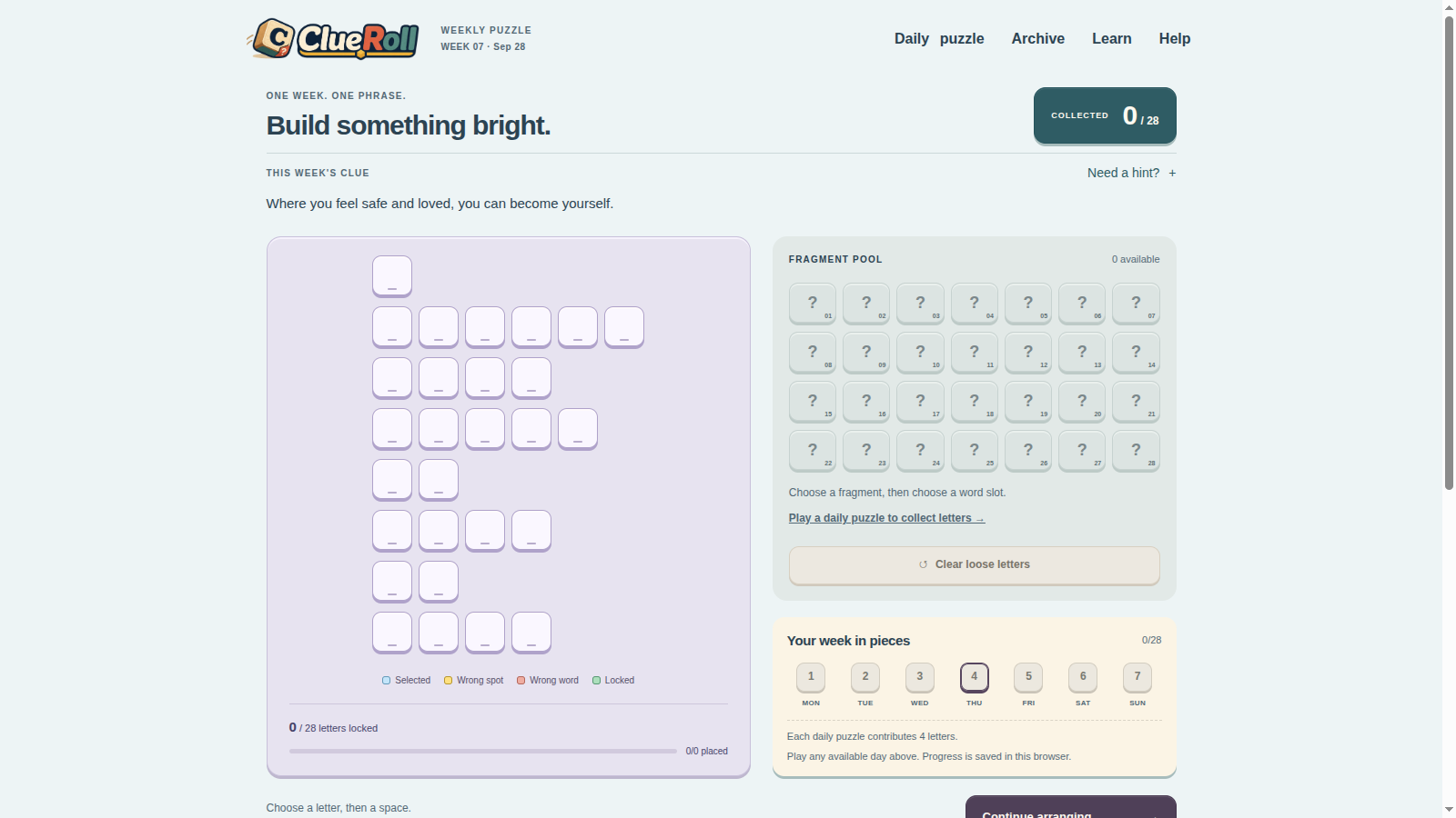 ClueRoll weekly phrase puzzle with its fragment pool
