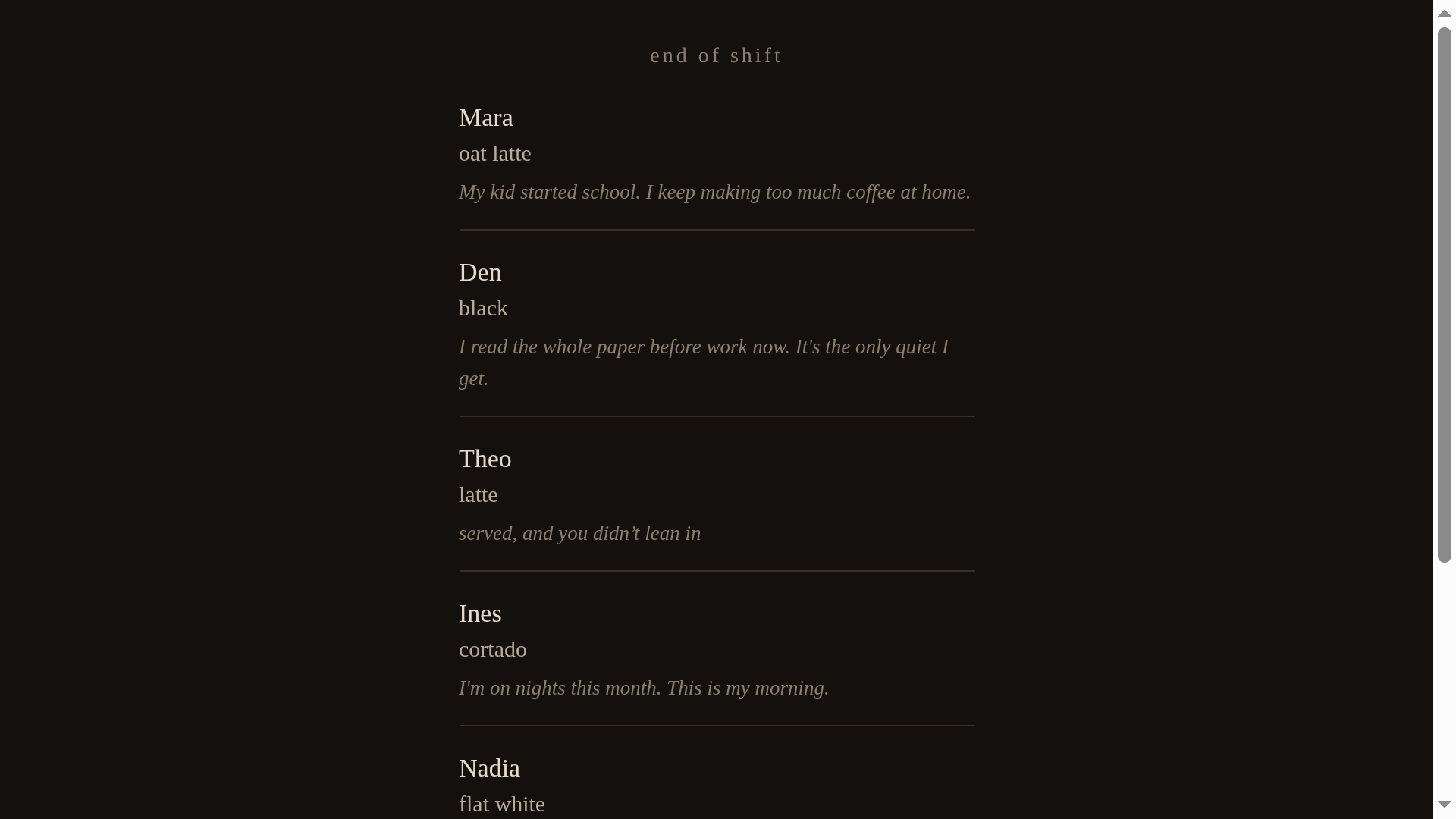 The Usual end of shift ledger that lists who you heard