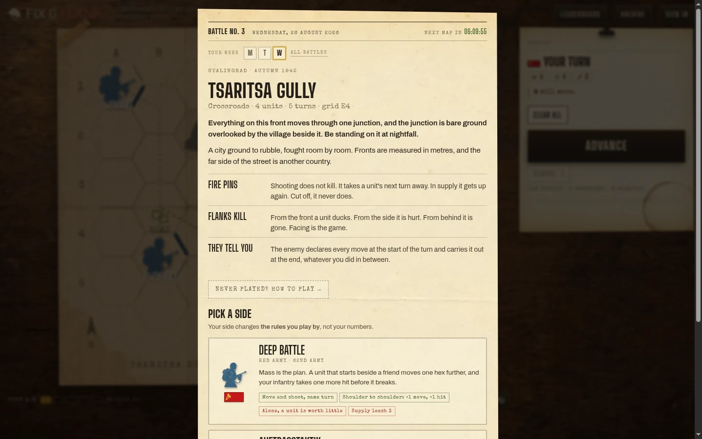 Daily battle briefing and doctrine selection in Fix & Flank