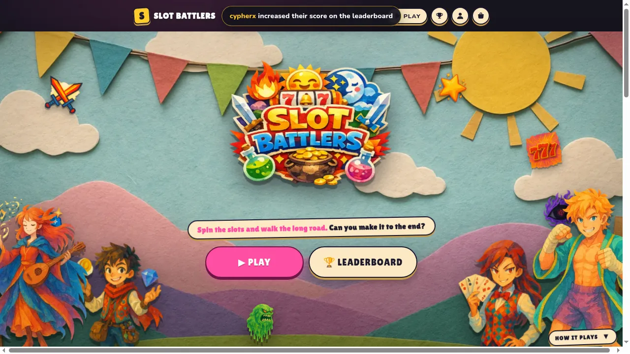 Slot Battlers landing page with the four playable classes