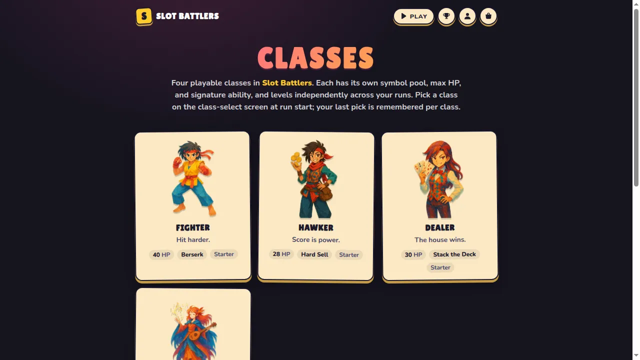 Slot Battlers class roster: Fighter, Hawker, Dealer, and Muse